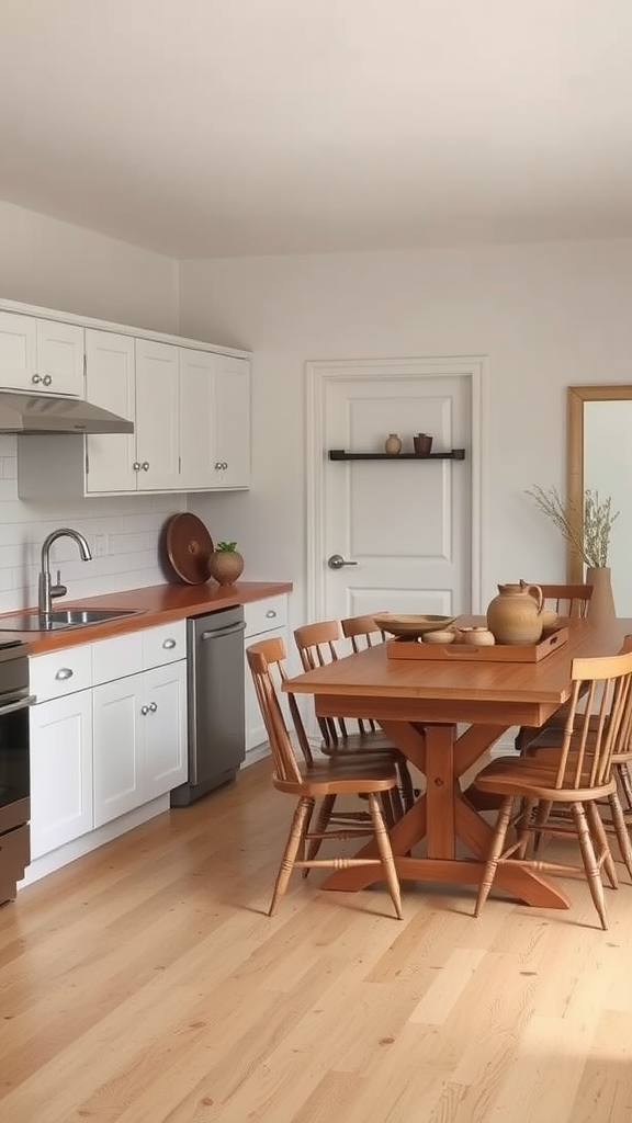 A cozy Shaker style kitchen and dining area featuring white cabinets and a wooden dining table with chairs.