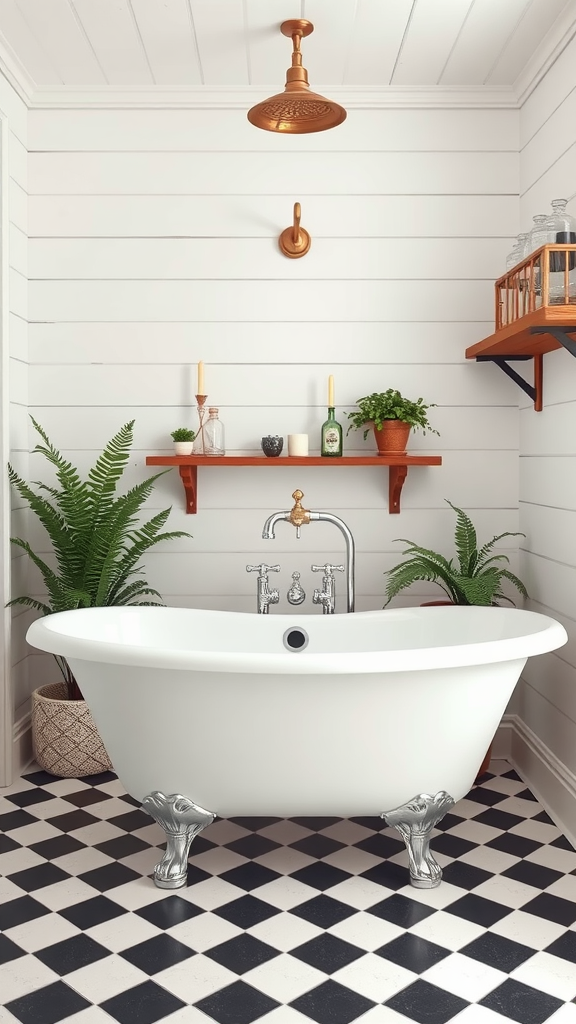 A vintage rustic bathroom featuring a white farmhouse bathtub on claw feet, shiplap walls, and a checkered floor, adorned with plants and warm lighting.