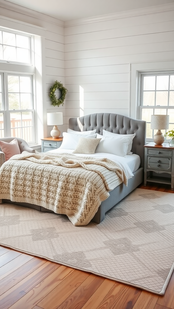 Cozy farmhouse bedroom with shiplap walls and warm bedding