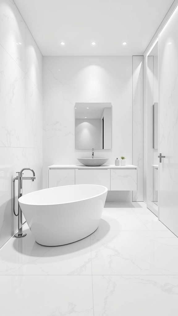 A minimalist bathroom with a freestanding tub, large tiles, and a floating vanity.