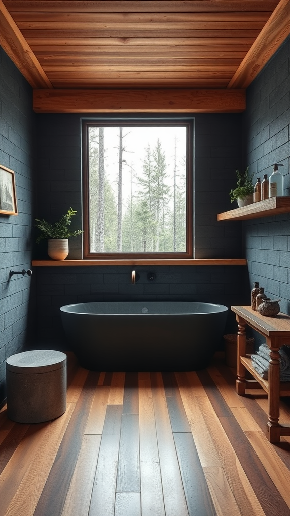 A stylish bathroom featuring slate walls, a wooden ceiling, a large window with a nature view, and a sleek bathtub.