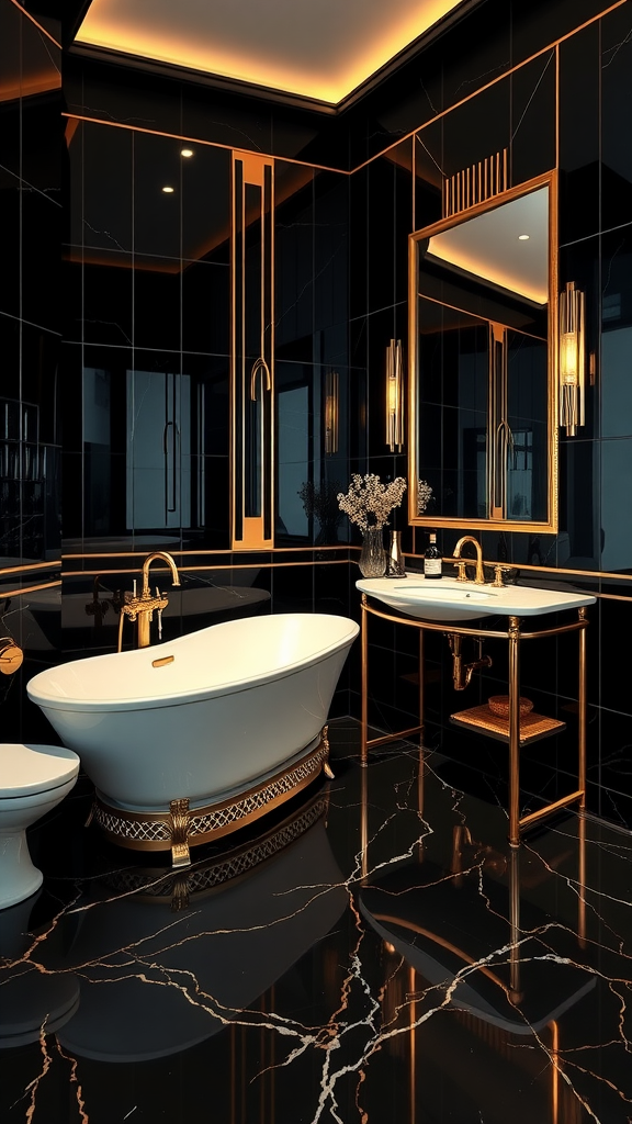 A sleek black and gold Art Deco bathroom featuring a freestanding bathtub, gold accents, and elegant lighting.