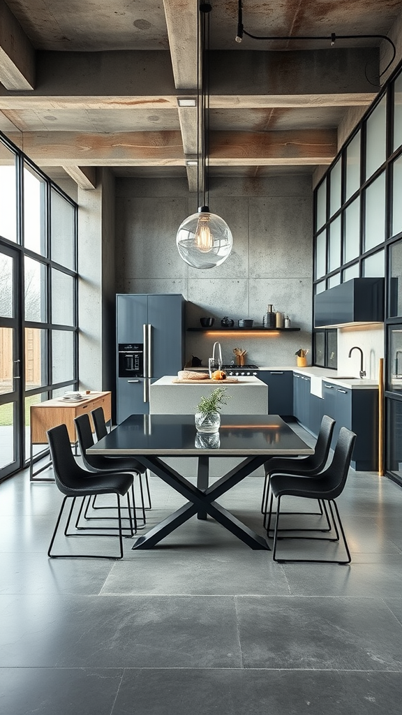 Modern kitchen and dining room combo with concrete walls and glass windows, featuring dark blue cabinets and a sleek black dining table.