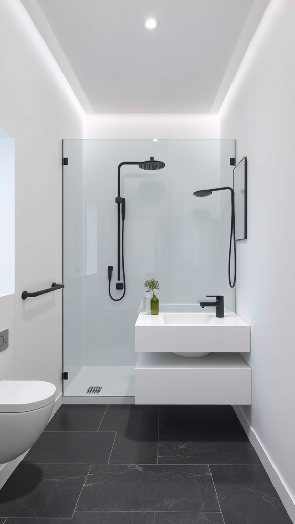 Modern minimalist bathroom featuring a sleek glass shower with black fixtures and a minimalist sink.