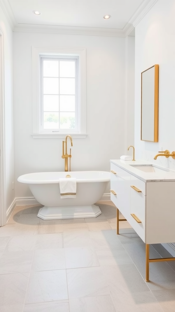 Minimalist bathroom featuring a white freestanding tub, white cabinetry with brass accents, and a large window.