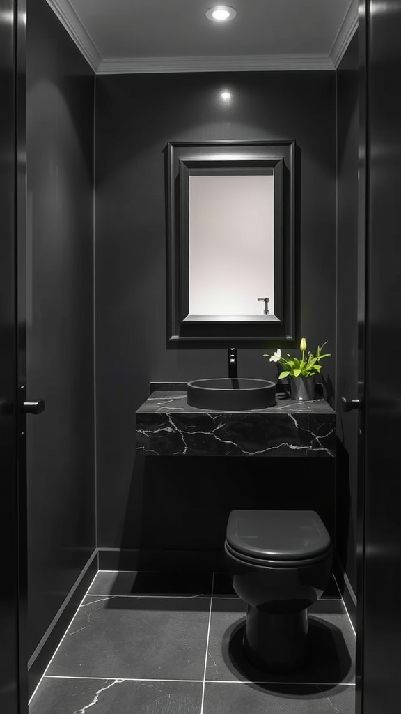 Small dark grey powder room featuring a marble countertop, black toilet, and a green plant.