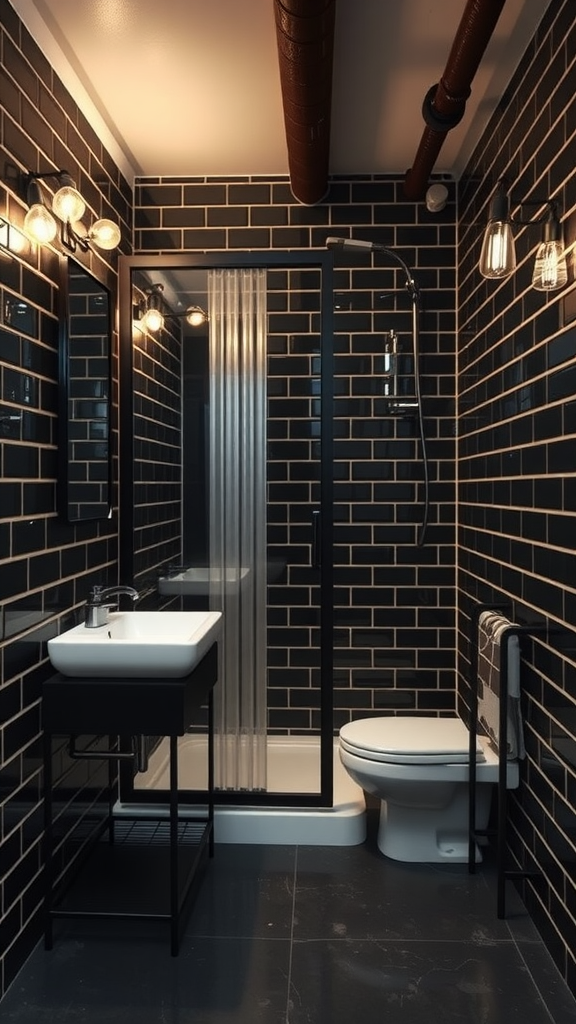 Small industrial bathroom featuring black subway tiles, glass shower enclosure, and minimalist vanity.