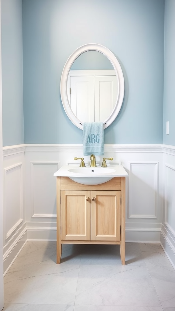 A serene blue half bathroom featuring a wooden vanity, gold fixtures, and a round mirror