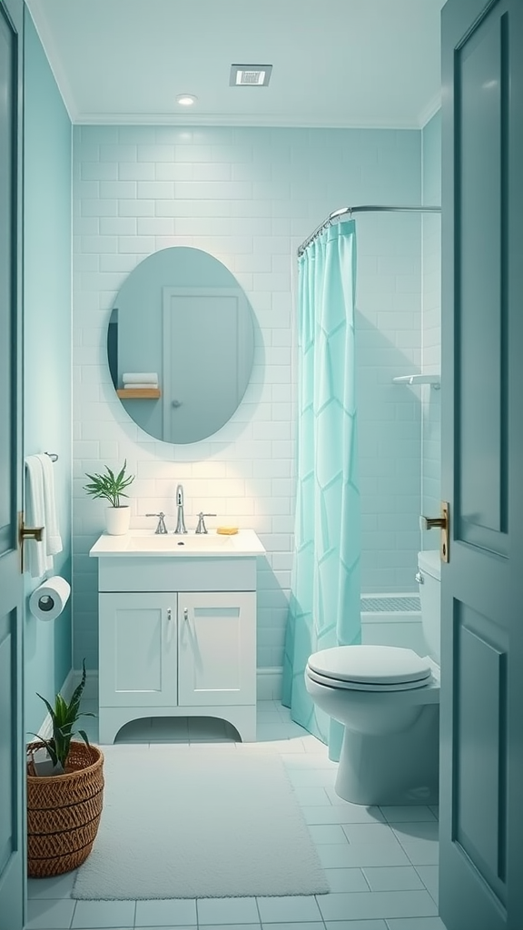 A small bathroom with soft aqua walls, white fixtures, and a touch of greenery.