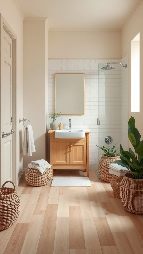 A bathroom with soft beige walls, sage green accents, a wooden vanity, and plants.