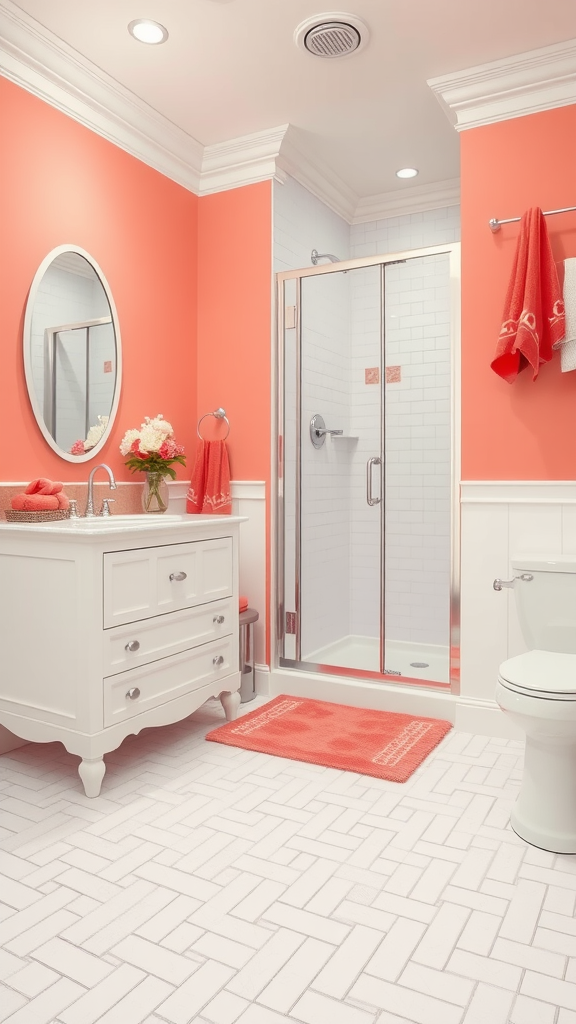 A vibrant bathroom featuring soft coral walls, a white vanity, and matching coral towels.