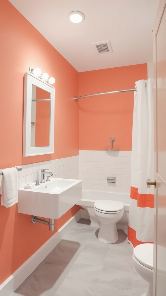 A small bathroom featuring soft coral walls and white fixtures, including a sink, toilet, and shower curtain.