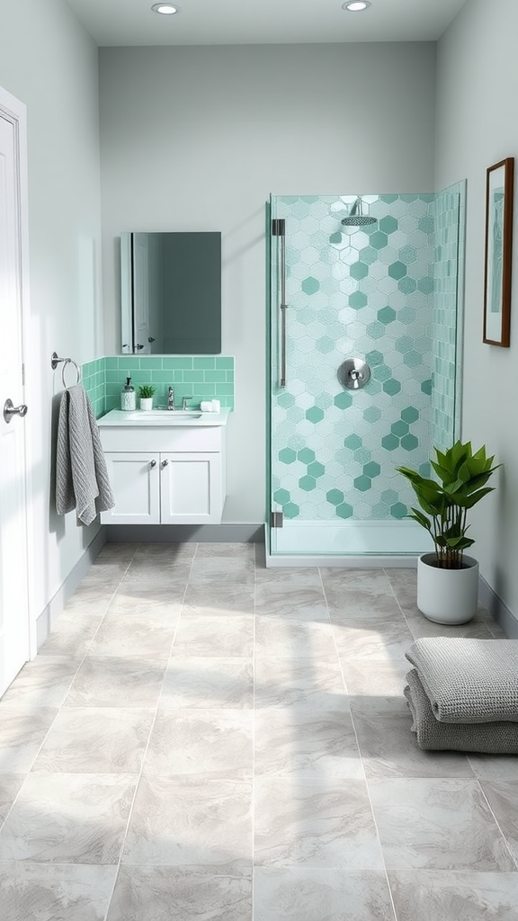 A modern bathroom featuring soft gray walls and mint green tiles.