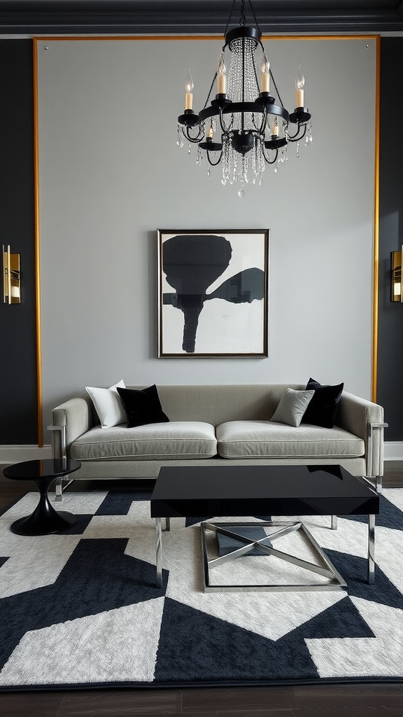 Art Deco living room featuring soft gray walls, black furniture, and chrome accents.