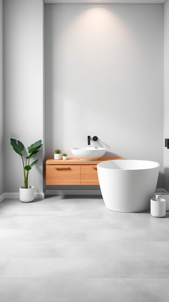 A minimalist bathroom featuring soft gray walls, a freestanding bathtub, wooden vanity, and green plants.