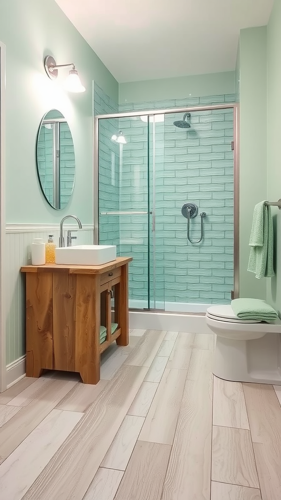 A modern bathroom with soft green walls, a wooden vanity, and a glass shower enclosure.