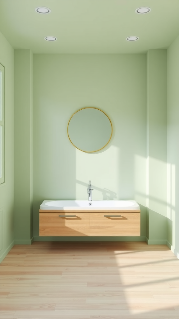 A minimalist bathroom with soft green walls, a wooden vanity, and a round mirror.