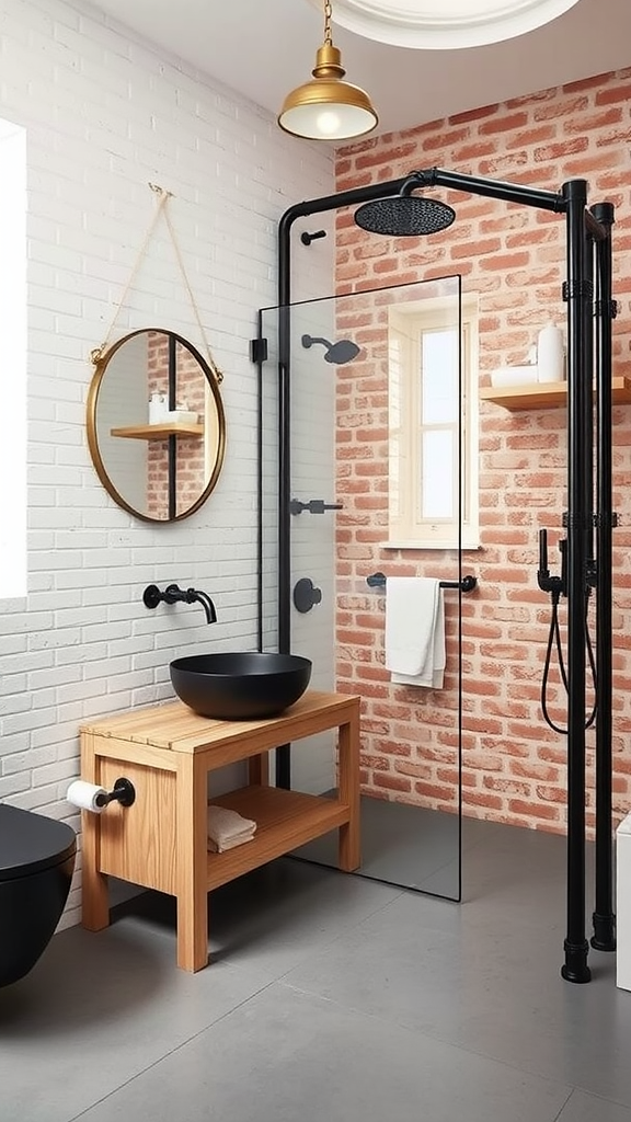 A minimalist bathroom featuring exposed brick, white tiles, and a warm wooden vanity with black fixtures.