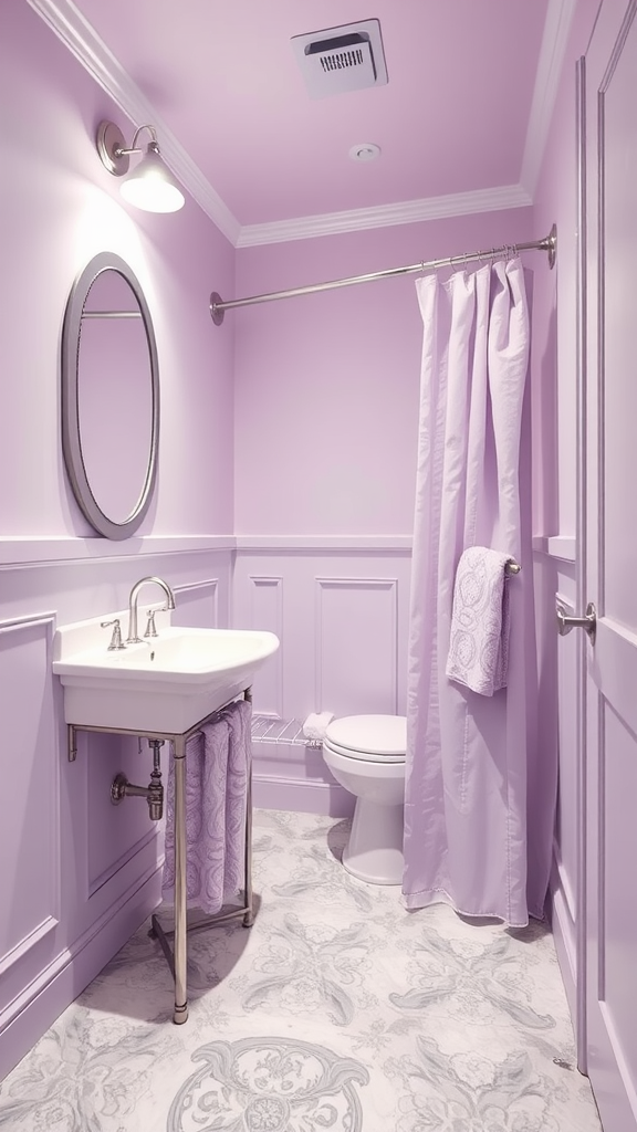 Small bathroom with soft lilac walls and silver accents