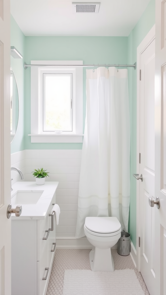 A small bathroom featuring soft mint walls, a white vanity, and a shower curtain, with a potted plant on the sink.