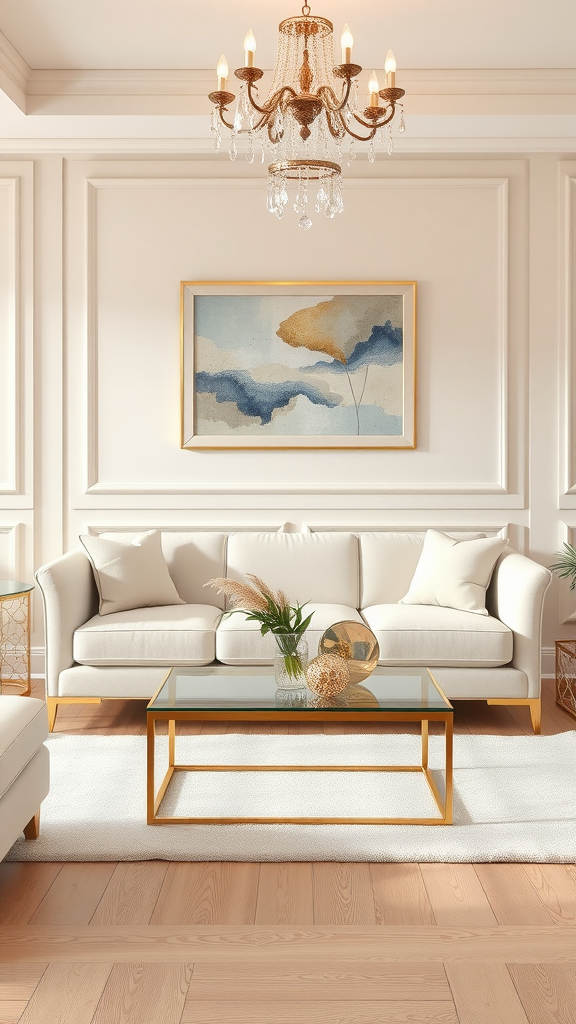 A soft neutral living room featuring a white sofa, glass coffee table with gold accents, a chandelier, and artwork on the wall.