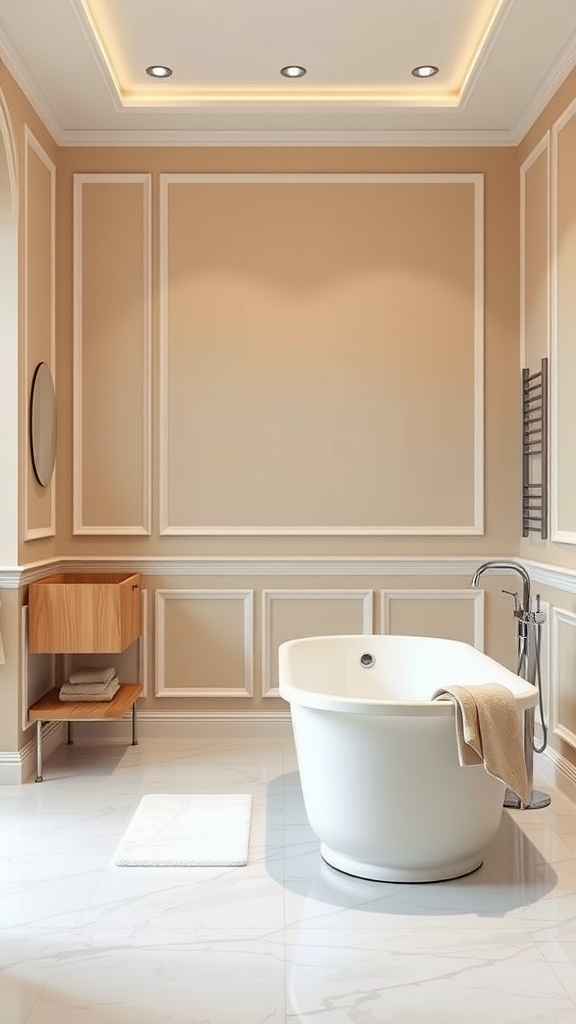 A minimalist bathroom featuring soft neutral colors, a freestanding bathtub, and warm wooden accents.