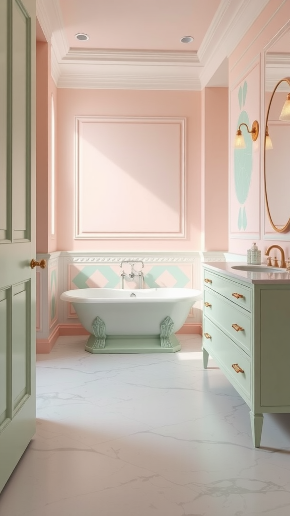 Soft pastel Art Deco bathroom with pink walls, mint green accents, and a freestanding tub