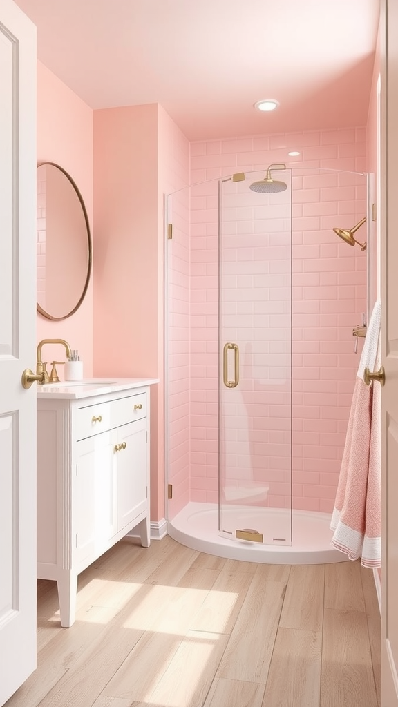 A modern bathroom featuring soft pastel pink walls and white fixtures, with natural wood flooring.