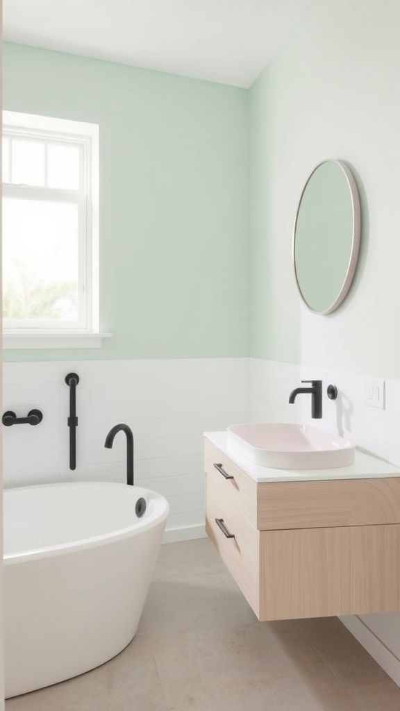 Minimalist bathroom featuring mint green walls, a light wood floating vanity with a pink sink, and a freestanding tub.