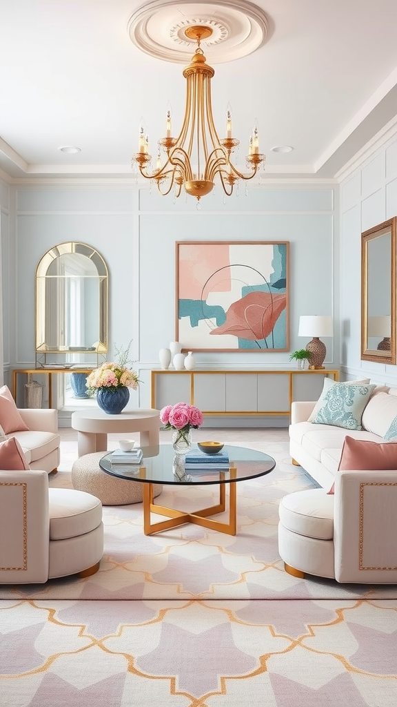 An elegant living room featuring soft pastel colors, Art Deco elements, and a glamorous chandelier.