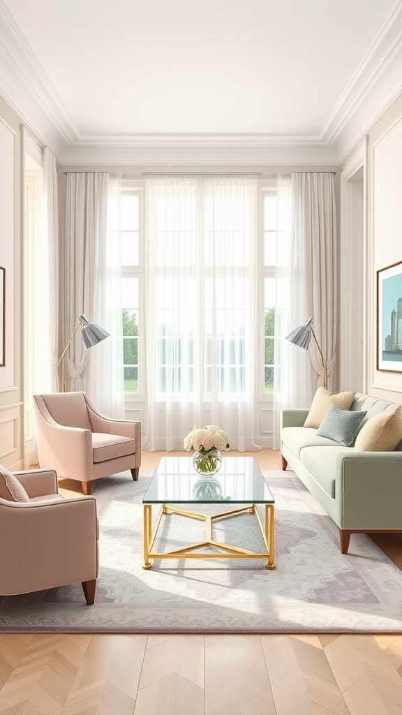 Art Deco living room with soft pastel colors, elegant furniture, and bright natural light