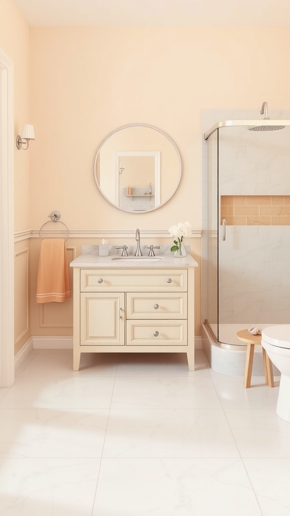 A bathroom featuring soft peach walls and ivory accents, with a stylish sink and shower area.