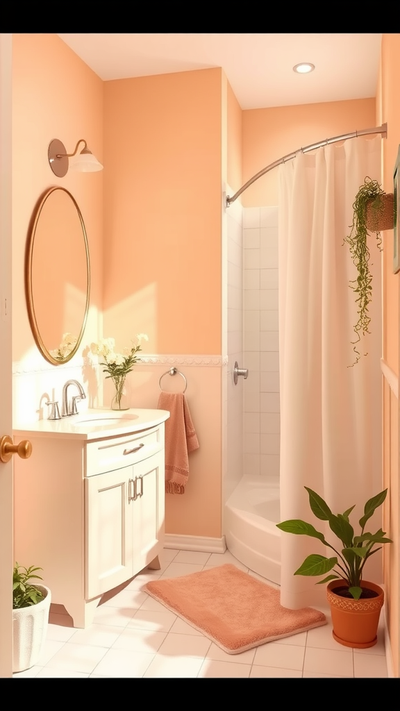 A small bathroom featuring soft peach walls, an ivory vanity, and potted plants, creating a cozy atmosphere.