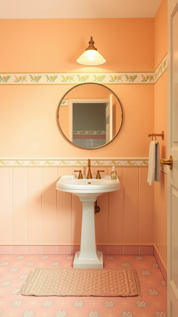 A vintage bathroom featuring soft peach walls and a floral border, with a pedestal sink and retro motifs.