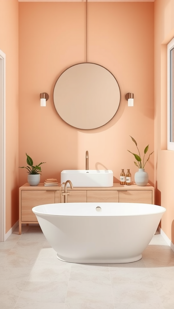 A minimalist bathroom with soft peach walls, a freestanding bathtub, and modern fixtures.