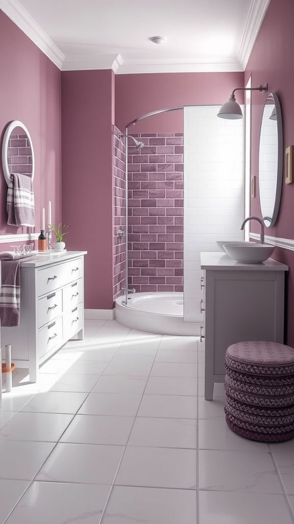 A bright bathroom featuring soft plum walls, white tiles, and modern fixtures.