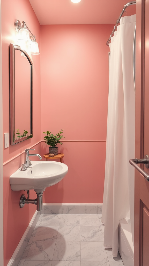 A small bathroom featuring soft rose walls, silver fixtures, and a plant.