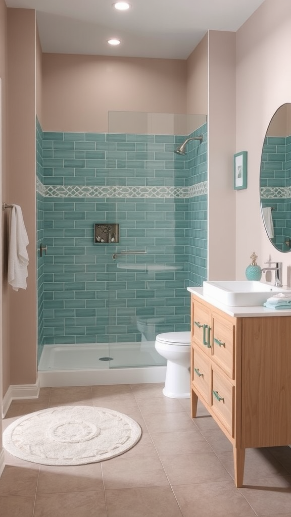 A modern bathroom featuring soft taupe walls and teal shower tiles with a wooden vanity.