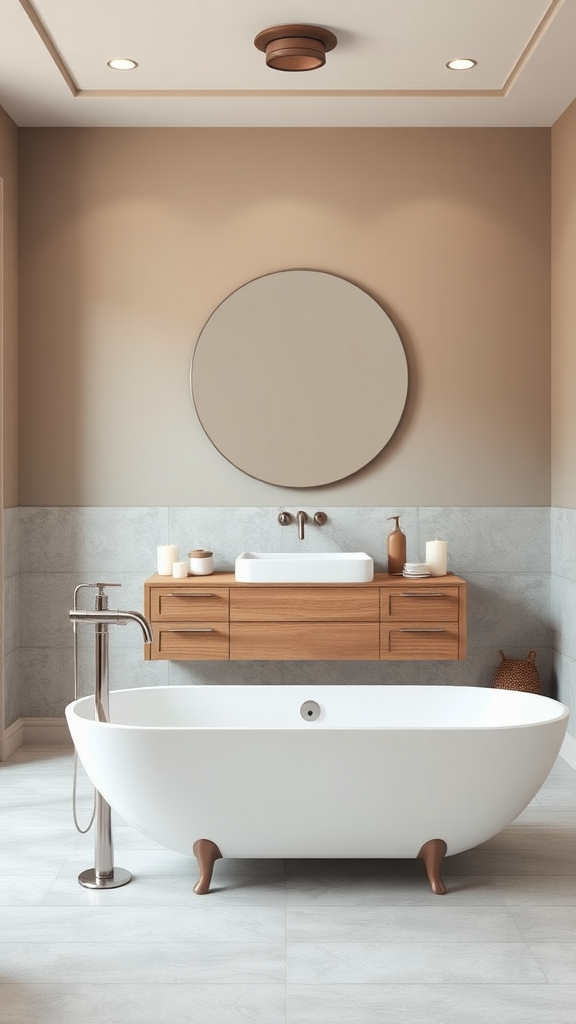 Minimalist bathroom with soft taupe walls, freestanding bathtub, wooden vanity, and round mirror.