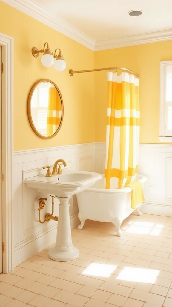 A bright bathroom with soft yellow walls, a white bathtub, and a yellow striped shower curtain, embodying 70s decor.