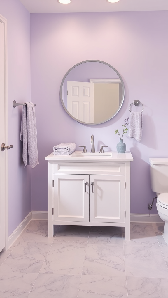 A serene bathroom featuring soothing lavender walls and a white vanity, designed for relaxation.