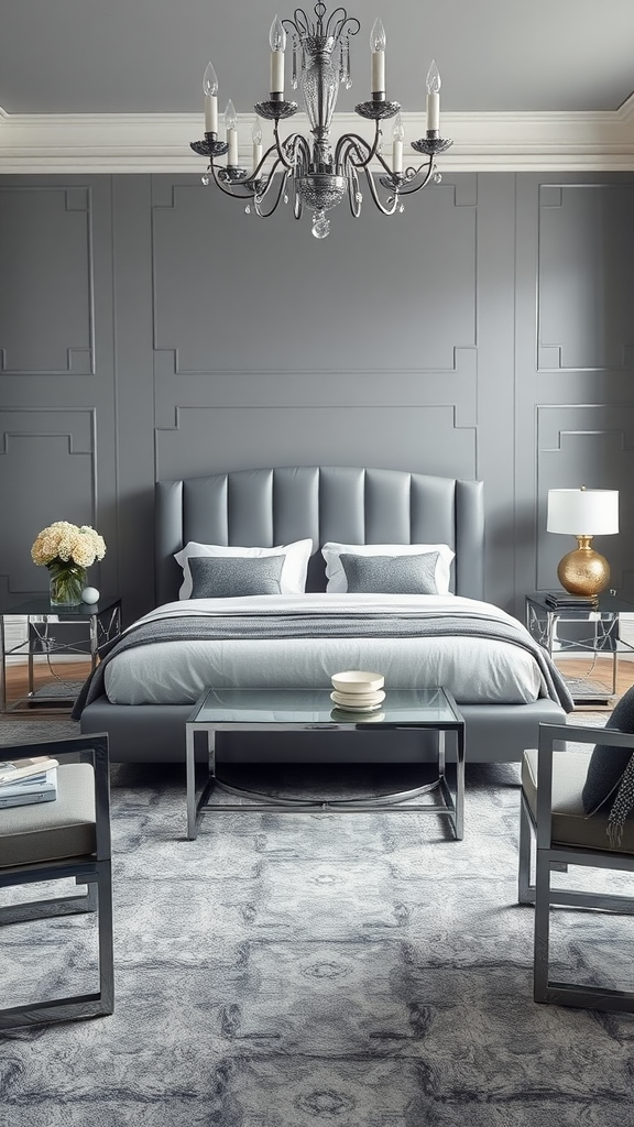 Sophisticated Art Deco bedroom featuring gray walls, a tufted bed, chrome accents, and elegant lighting.