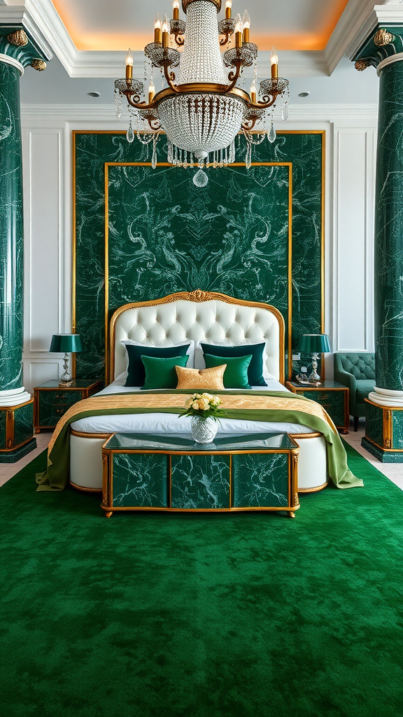 Sophisticated Art Deco bedroom featuring green marble accents, plush bed, and elegant chandelier.