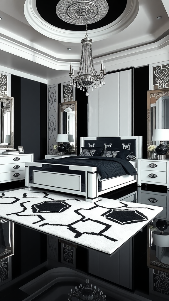 Sophisticated Art Deco bedroom featuring a monochrome color scheme with a black and white bed, elegant chandelier, and patterned area rug.