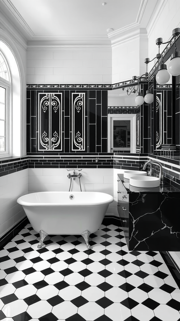 Art Deco bathroom featuring black and white tiles, clawfoot bathtub, and vintage lighting