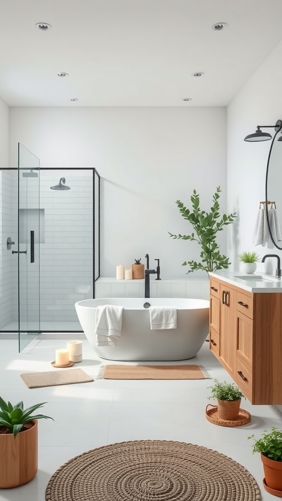 A modern farmhouse bathroom featuring a freestanding tub, a glass shower, wooden cabinets, and green plants.