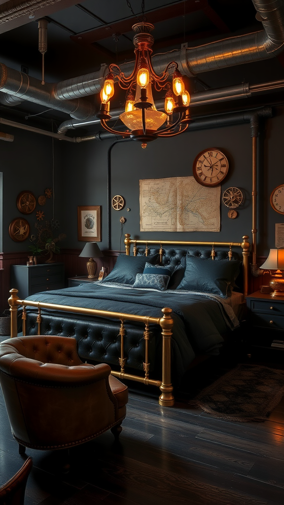 A steampunk-inspired dark bedroom featuring a gold bed frame, dark bedding, vintage decor, and warm lighting.