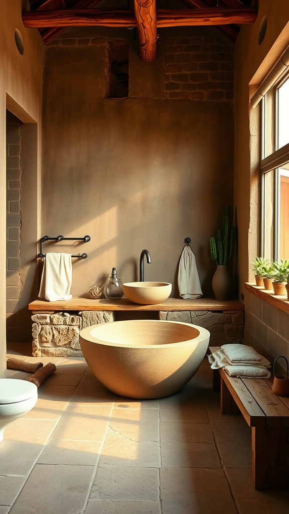 A serene bathroom with a round clay bathtub, wooden accents, and natural light.