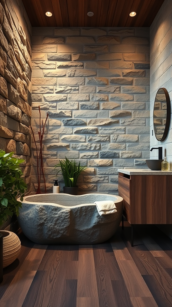 A cozy bathroom featuring a stone wall, wooden ceiling, and an organic shaped stone bathtub with plants.