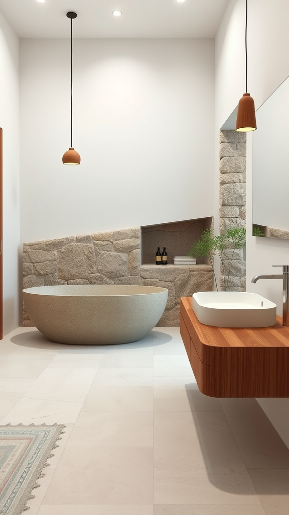 Minimalist bathroom featuring a wooden vanity, stone sink, and earthy tones.